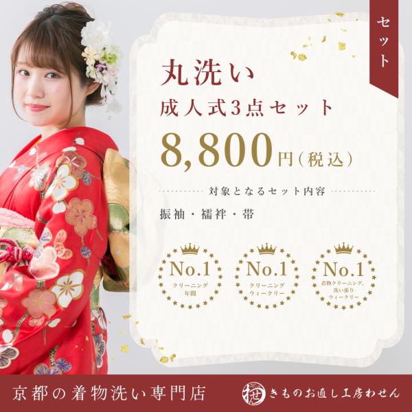 こちらのカートでは、振袖・襦袢・帯の3点セットを承ります。年間25,000着以上の丸洗い実績を誇り、長年の経験と技術でお客様に信頼されています。当店の丸洗いでは、まず衿や袖、裾などの汚れやすい部分を丁寧に手作業で下洗いします（多くのお店では...
