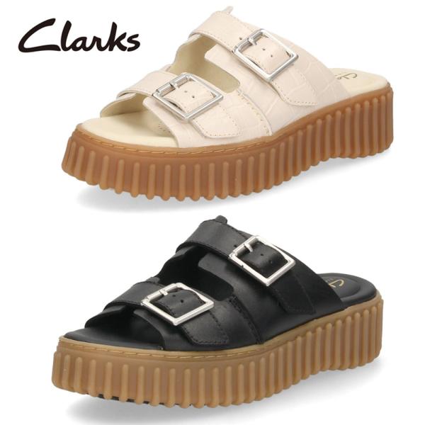 クラークス レディース サンダル 厚底 スライドサンダル 本革 ブラック ホワイト レザーサンダル Clarks Torhill Slide トーヒルスライド 26176430 26176428 Clarks（クラークス） レディース サンダル 厚底 スライドサンダル 本