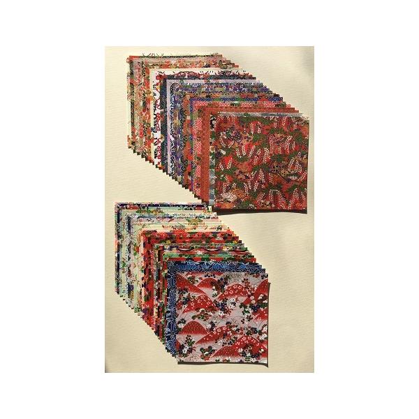 15×15cmの友禅染め和紙。この50枚(色違いもあり)は、和紙ショップで発売しているA4判の(5枚売り)の柄50点と同じものです。大きな写真はＡ4判でご覧ください。大判の紙を断裁していますので、写真と同じ構図ではありません。