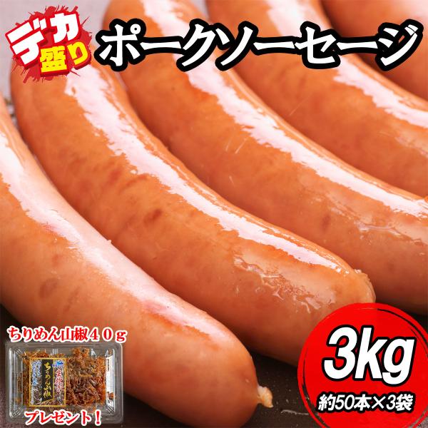 ソーセージ ポークソーセージ ウインナー ３kg (約50本入×3袋) 冷凍便 ブラジル産 粗挽き スモーク 業務用 大容量 飲食店愛用 特典付き
