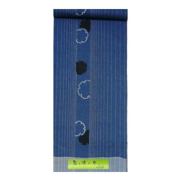浴衣反物 紺色と白の花柄 麻綿源氏物語 特価処分品】綿麻ゆかた反物・源氏物語「麻と綿の布」・青地雪の輪柄