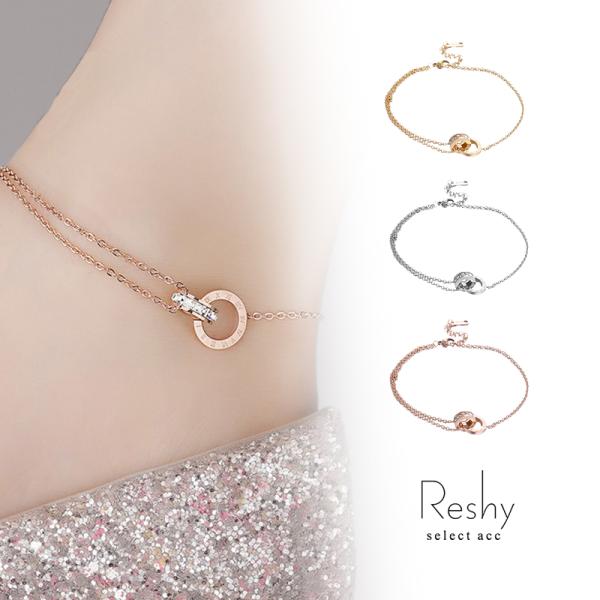 アンクレット レディース チェーン 金属アレルギー対応 キラキラ リング サークル ダブル 華奢 かわいい 時計 モチーフ プレゼント ギフト