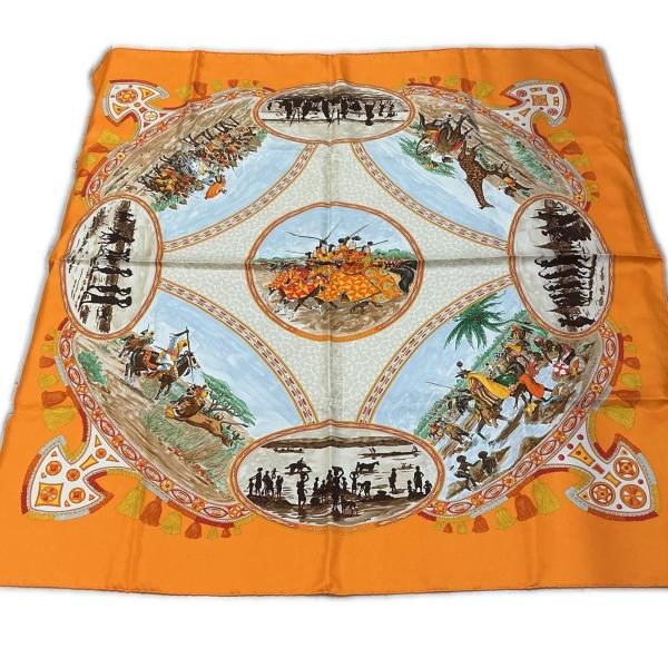 HERMES（エルメス） スカーフ オレンジ カレ90 プール族の騎手【中古