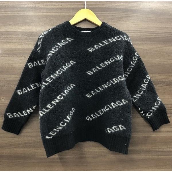 バレンシアガ　ニット バレンシアガ BALENCIAGA ロゴセーター 総柄ニット ブラック ロゴ 総柄