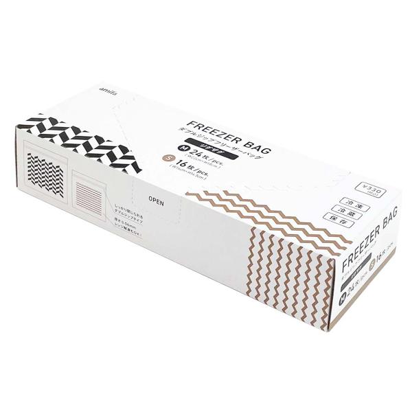 【アイテム説明】こちらのアイテムは、食品を入れて冷凍・冷蔵ができるジップバッグです。しっかり締まるダブルジップバッグ。ジグザグのデザインがおしゃれ！Mサイズ24枚、Sサイズ16枚のセットです。※ デザイン左下の縦線は光電管マーク(製袋する際...