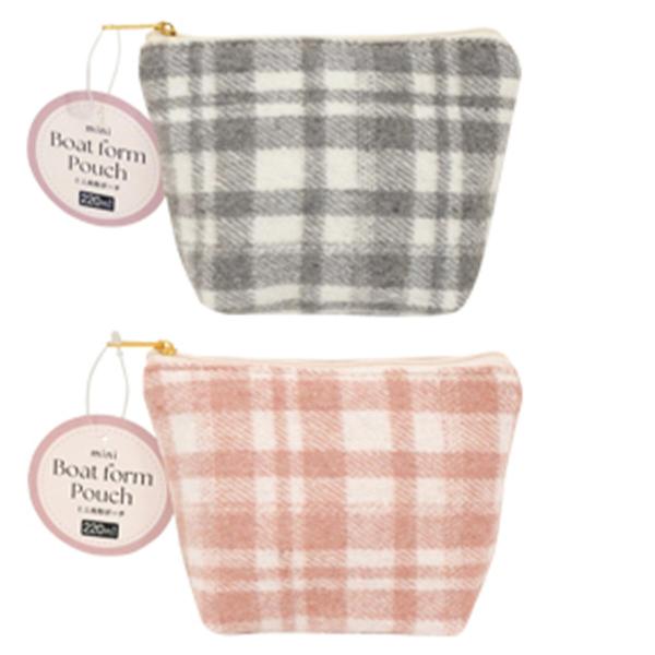 あたたかみのあるチェック柄生地と合皮の組み合わせが大人可愛いミニ舟形ポーチです。小物やコスメ類の収納に便利です。【サイズ】約100×140×50mm【材質】ポリエステル、毛、合成皮革、亜鉛【JAN】4510085910980【パッケージサイ...