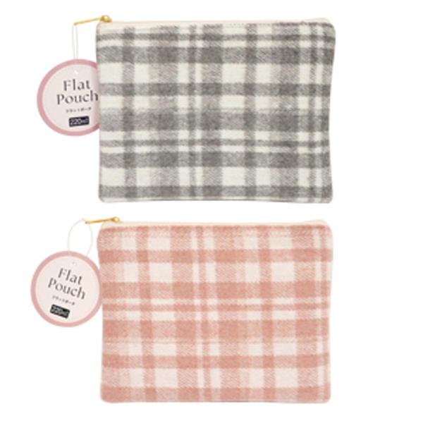 あたたかみのあるチェック柄生地と合皮の組み合わせが大人可愛いフラットポーチです。小物やコスメ類の収納に便利です。【サイズ】約140×180mm【材質】ポリエステル、毛、合成皮革、亜鉛【JAN】4510085910997【パッケージサイズ】1...