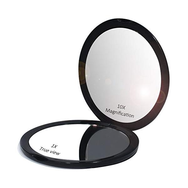 コンパクトミラー 化粧鏡 10倍拡大鏡 折りたたみ鏡 手鏡 両面鏡 角度調整可 超軽量（ブラック）