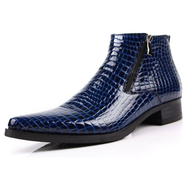 W メンズ レザー ブーツ ビジネス靴 エナメル 本革 サイドジップ