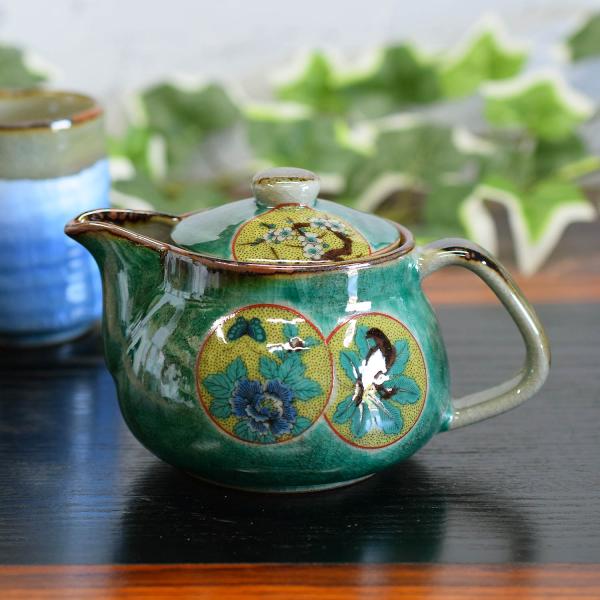 送料無料　時代物　九谷焼　家紋入り急須　★希少★　煎茶道具 九谷焼 急須3点セット 小 青粒 金花詰(傑作) 裏絵 おしゃれ 茶器