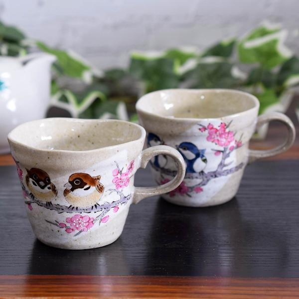 九谷焼　新品　角皿4枚　マグカップ2点 九谷焼 マグカップ ペア セット すずめ/四十雀 陶器 高級