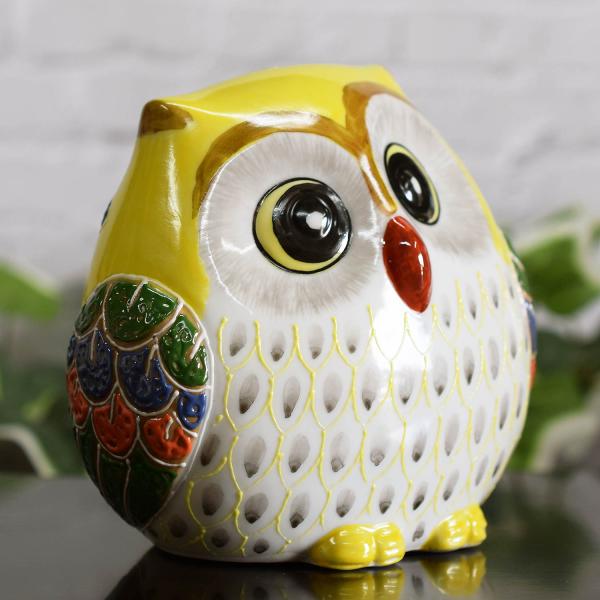 フクロウ 置物 陶器 九谷焼 ふくろう 黄釉彩 風水 開運 縁起物 誕生日