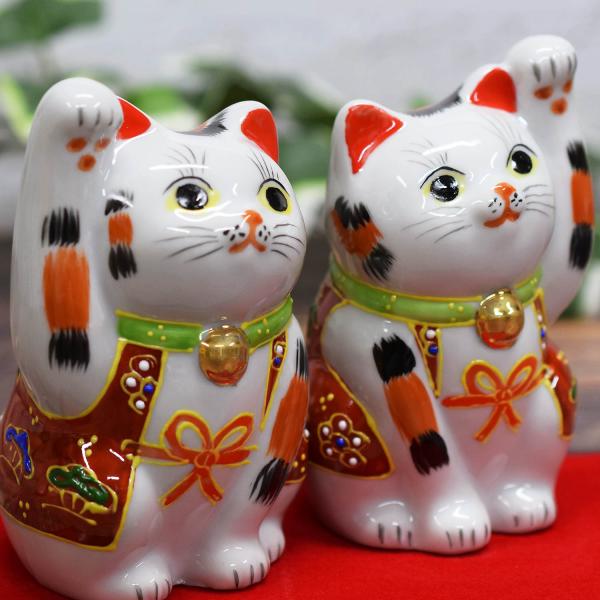 見返り猫　赤絵 ペア2匹セット waza_k9-1521