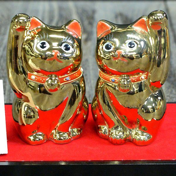九谷焼招き猫 ペア 九谷焼】ペア 招き猫 彩日和 染（右手）& 赤（左手）千客万来 金