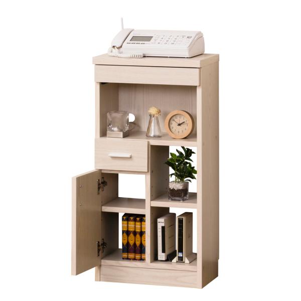 コンパクトサイズなので、場所をとらず圧迫感がありません。上部引出はA4書類が収納でき、天板奥はコードを通すスペース、背面下部に巾木よけ（約H8cm）があります。下部は背板のないオープン仕様ですので、光電話の機器やルーターを収納したときに配線...