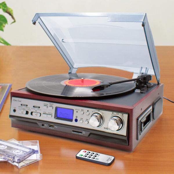 レコード再生回転数は33 1/3、45、78回転の3段階の選択が可能。EP／LP／SP盤の再生に対応し、真ん中の穴の大きなシングル盤（通称：ドーナツ盤）用のアダプタも付属。カセット再生再生・早送りが可能です。FMラジオワイドFM対応でAM放...