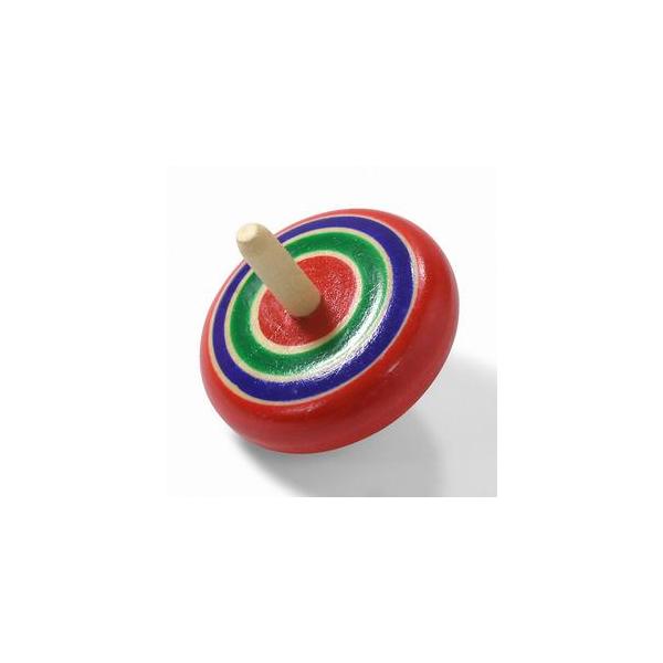 総塗の鮮やかな独楽。小さいわりに重さがあり、芯もしっかりしているので、長い時間回るのが特徴です。平こまより厚みがあり、丸みのある独楽です。昔から人気がある独楽です。サイズ：φ4×3.8(cm)