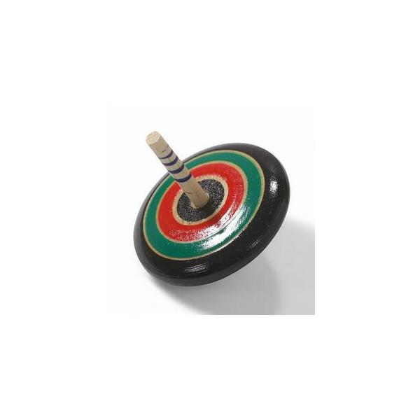 総塗の鮮やかな独楽。小さいわりに重さがあり、芯もしっかりしているので、長い時間回るのが特徴です。丸こまより芯は細め。しかし平で安定します。昔から人気がある独楽です。サイズ：φ4.1×4(cm)