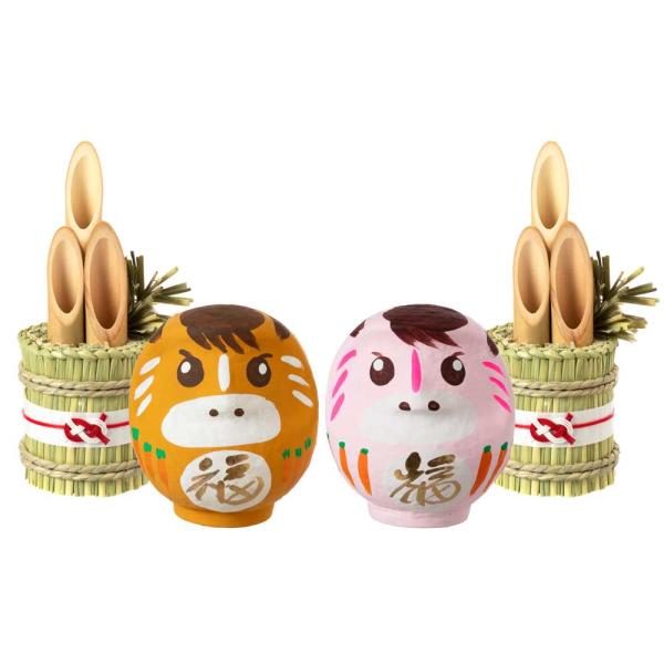 高崎だるま 2026年干支だるま午 翠竹2個 門松付きペアセット 茶＋桃 令