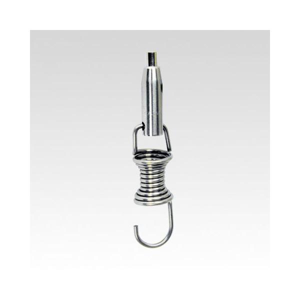 屋外・鳥害防止用ワイヤーシステム。特殊用具不要で簡単にワイヤーを張ることができるバネ一体型のテンショナー。フックやヒートンに引っ掛け緑化ワイヤーにも