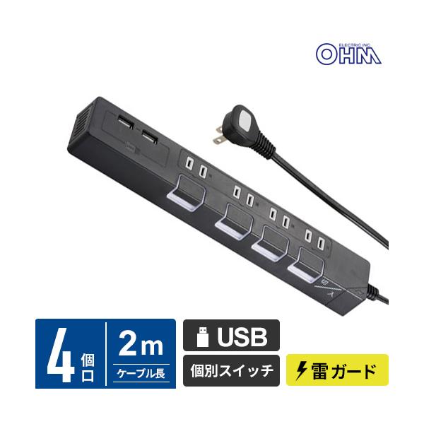 オーム電機 USBポート付 節電タップ 4個口 2m 黒 HS-TU42P91K :4971275027916:webby shop 通販  