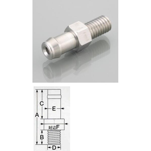 他サイト： K-CON キタココンビニパーツ ニップル M6×P1．00／5mmホース用／サイズ：(A)25mm×(B)10mm×(C)10mm×(D)Φ6×(E)Φ6×(F)8mm 冷却関連 エンジンの商品画像