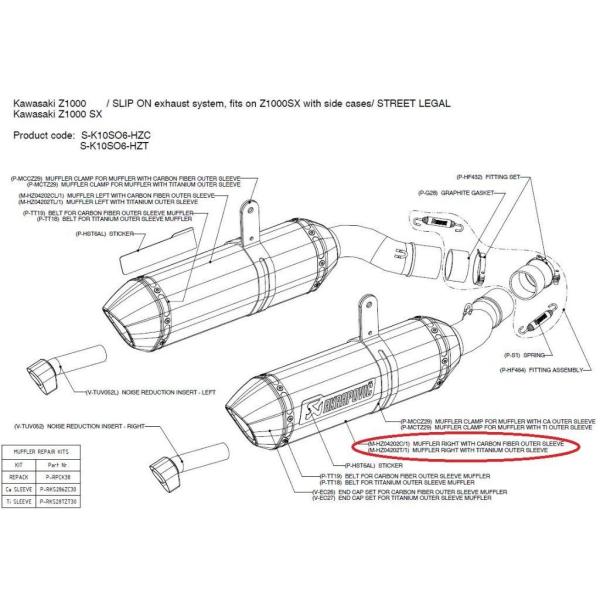 AKRAPOVIC AN|rb` yyAp[czM-HZ04202T/1 muffler right with titanium outer sleeve NINJA1000 Z1000 Z1000SX KAWASAKI JTL }t[