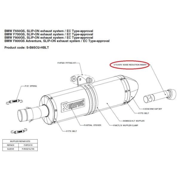 AKRAPOVIC �A�N���|�r�b�` �y���y�A�p�[�c�zV-TUV070 noise reduction insert F650GS F700GS F800GS ADVENTURE BMW �o�b�t���E�C���i�[�T�C�����T�[ �}�t���[
