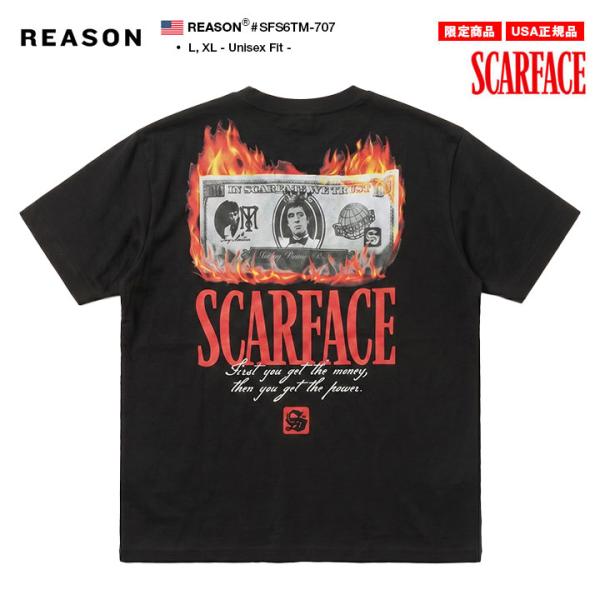REASON × 映画 スカーフェイス Tシャツ 半袖 大きいサイズ Scarface 限定 コラボ 公式グッズ リーズン ドル柄 ドル紙幣 メッセージ ビッグシルエット b