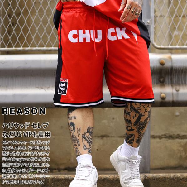 REASON × Chucky ハーフパンツ バスパン 半ズボン 短パン 大きいサイズ チャッキー Child's Play チャイルド・プレイ 限定 コラボ 公式 リーズン ジャージ b系