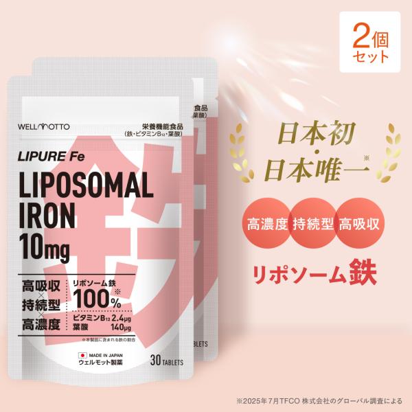 鉄 サプリ×2袋【日本初・医師監修】 リポソーム鉄 10mg 葉酸 ビタミンB12 栄養機能食品 テレビで紹介 無添加 国産 30日分 LIPURE Fe