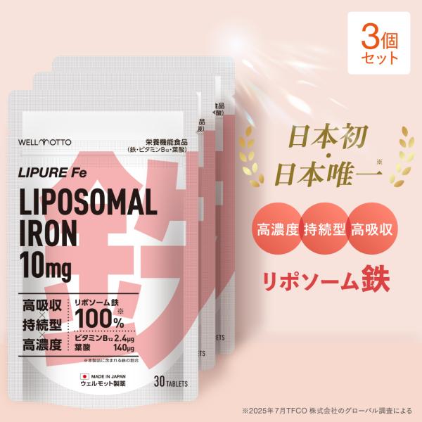鉄 サプリ×3袋【日本初・医師監修】 リポソーム鉄 10mg 葉酸 ビタミンB12 栄養機能食品 テレビで紹介 無添加 国産 30日分 LIPURE Fe