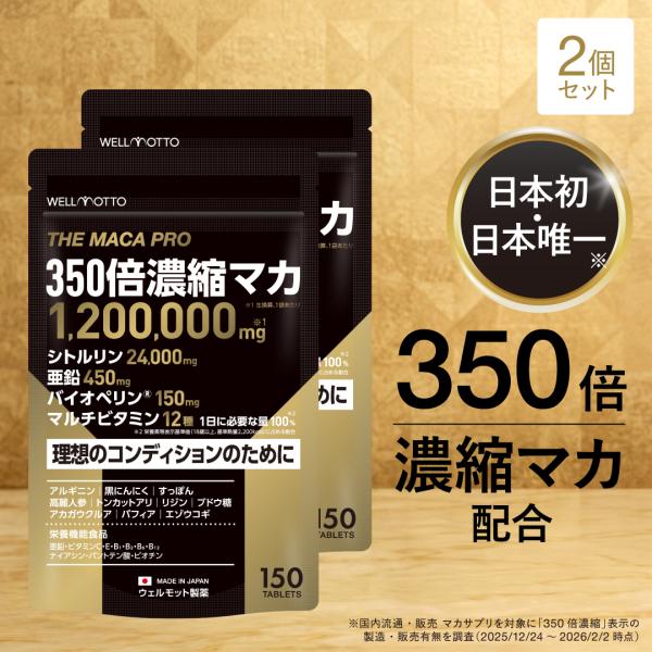 マカ 350倍濃縮 サプリ×2袋【日本初・医師監修】 350倍濃縮マカ 120万mg 亜鉛 シトルリン マルチビタミン 栄養機能食品 テレビで紹介 無添加