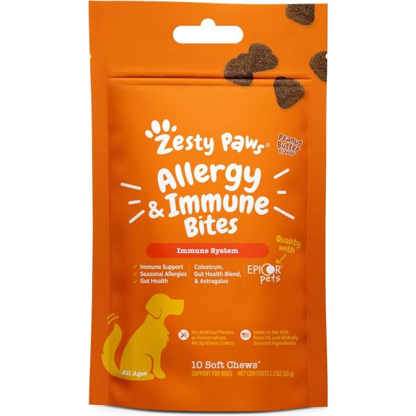 商品名： Zesty Paws アレルギー 免疫ケア バイツ有効成分：コロストラム（初乳）、乾燥酵母（サッカロマイセス・セレビシエ EpiCor〓）、アップルサイダービネガー、サーモンオイル、アストラガスルート、乳酸菌（L・アシドフィルス、...