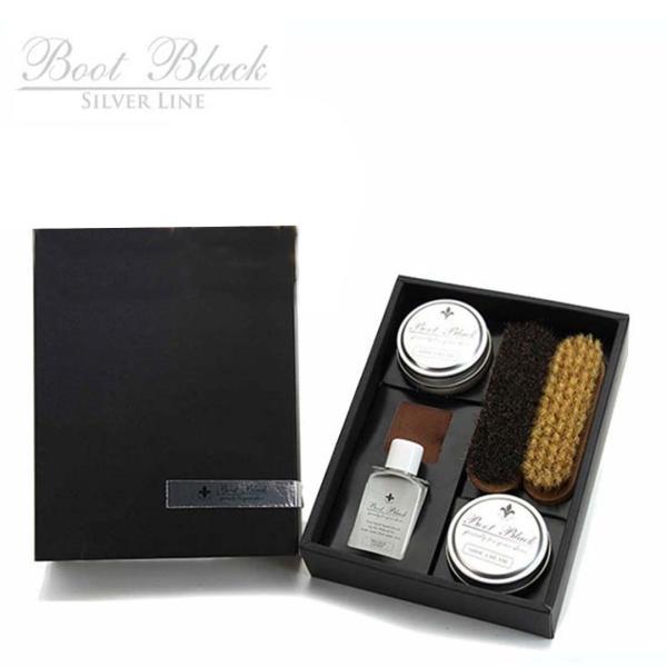 シューケアを始める方やプレゼントにも最適な基本セットです。送料無料クリスマスギフト、就職祝いにもおススメのセットです。【セット内容】・ブートブラックシルバーラインビン入りクリーム　ブラック　X1・ブートブラックシルバーラインビン入りクリーム...