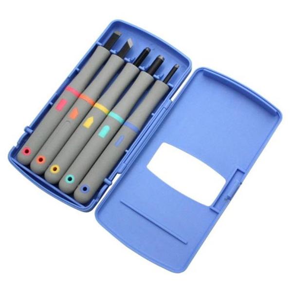 ・図工・美術教材用に・趣味の版画・彫刻用に使いやすく、切れ味が良く、持続するとご好評いただいております。 ・すべらないから安全なノンスリップシート付き ・スタンドとしても使えるプラケース付き・セット内容:丸刀（中）・丸刀（小）・切出刀・平刀...