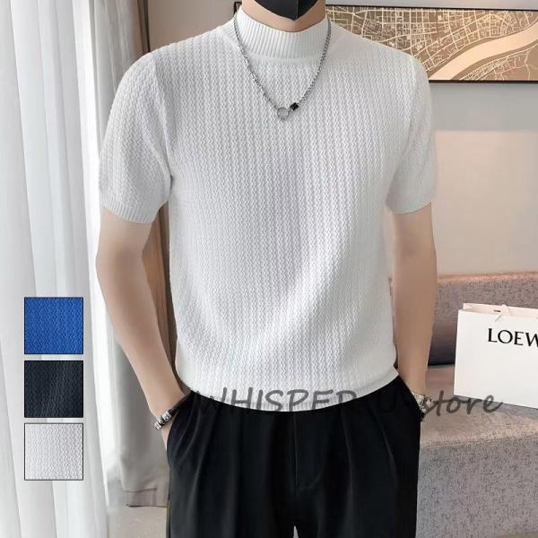 サマーニット メンズ 半袖 モックネック 無地 薄手 トップス デザイン 波編み Tシャツ  シャツ キレイめ レイヤード 丸首 夏 おしゃれ カジュアル 父の日