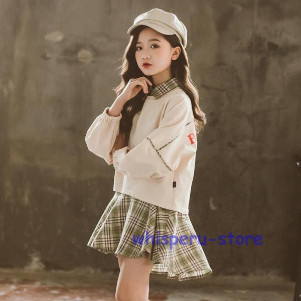 子供服 セットアップ 女の子 長袖 春秋 冬秋着 セット 韓国子供服 キッズ ジュニア ブラウス 丸首 スカート 膝上丈 チェック柄 可愛い おしゃれ 通学着 新品