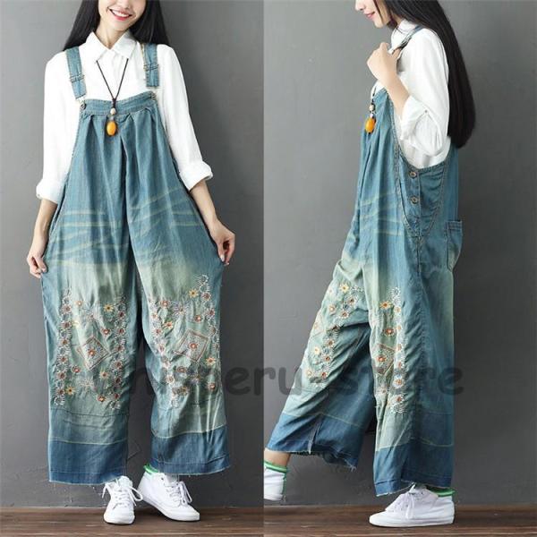 花柄刺繍 サロペット デニム ゆったり レディース オーバーオール