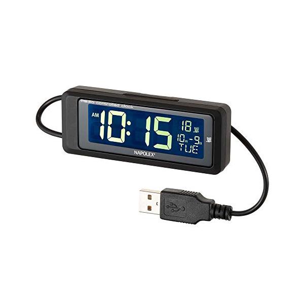 ナポレックス(Napolex) 車用電波時計 USB給電 ホワイトLEDバックライト 常時点灯 大型液晶採用 カレンダー表示機能 取付ステー付き 角