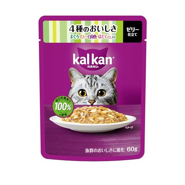 他サイト： カルカン パウチ 1歳から 60g×12袋 4種のおいしさ まぐろ・たい・白身魚・ほたてだし入り 成猫用 ウェットフード キャットフード 総合栄の商品画像