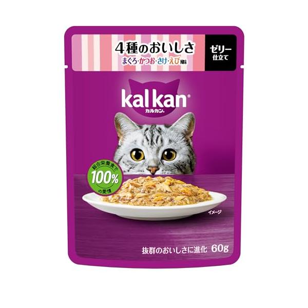 他サイト： カルカン パウチ 1歳から 60g×12袋 4種のおいしさ まぐろ・かつお・さけ・えび風味 成猫用 ウェットフード キャットフード 総合栄養食の商品画像