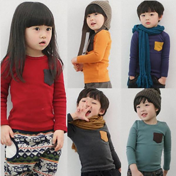 男の子 女の子 兼用 カットソー ロンT Tシャツ 長袖 綿 定番 無地 ポケット付 シンプル