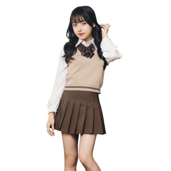 オルチャンセーラー ニットベスト ベージュ×チョコ カワイイ韓国制服 コスチューム コスプレ