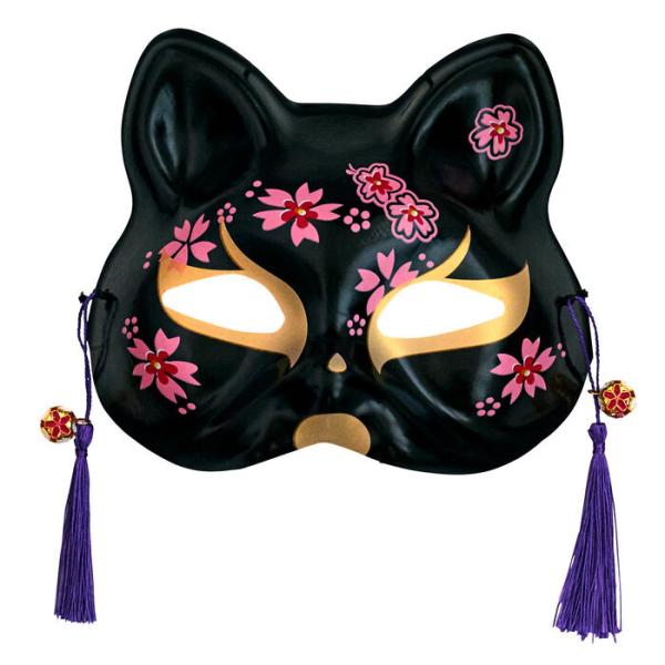 和風お面 ねこ半面 黒桜 仮装 仮面 マスク お祭り 縁日 猫 和もの  日本土産
