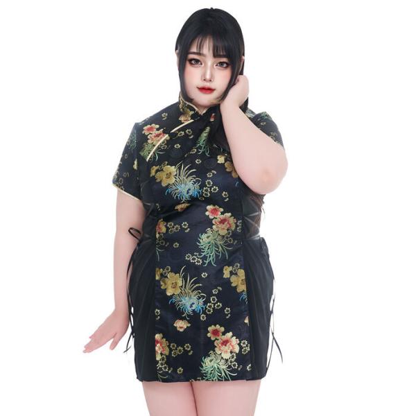 編み上げミニチャイナ 黒 4L チャイナドレス コスチューム コスプレ インスタ映え 女装 大きいサイズ