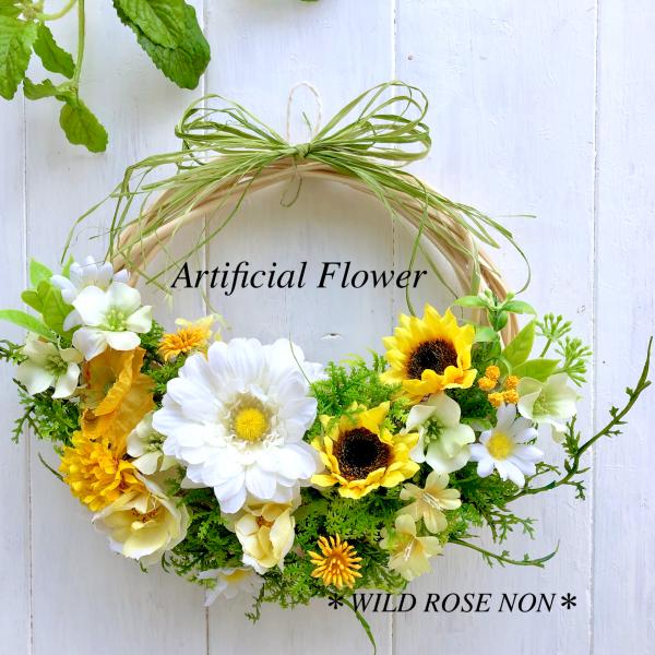 ひまわり 夏リース ハーフムーンリース 玄関ドアーリース 夏ガーデン風リース アーティフィシャルフラワー 上質造花 Art0010 Art0010 Wild Rose Non Yahoo 店 通販 Yahoo ショッピング