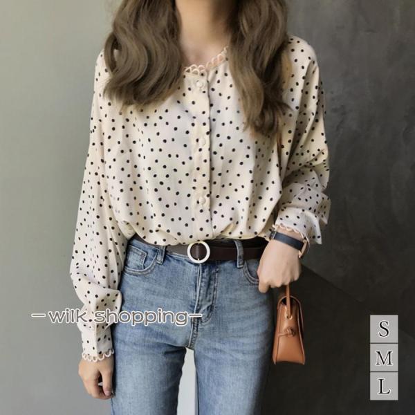 組曲 ドット柄 シフォン 下地付き プルオーバー トップス　水玉　キャンディ袖 シフォンチュニック ペプラム風 ドット柄 水玉 フレア袖