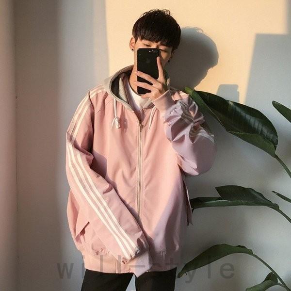 ナイロンジャケット韓国原宿系ダンス衣装パーカー重ね着風ラインオルチャンHIPHOPストリートゆったり黒赤トップスレディース