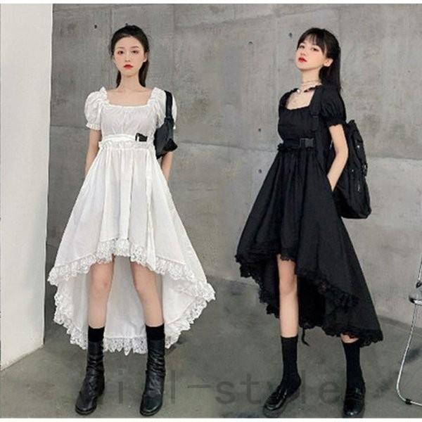 フィッシュテールワンピースレースフリル韓国オルチャンストリート原宿系半袖スクエアネックガチャベルト変形アシメ Joy u5fpjr Will Style 通販 Yahoo ショッピング